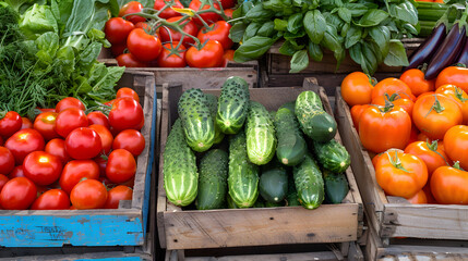 Abundant Farmers' Market Stall with Fresh Vegetables Displayed in Wooden Crates