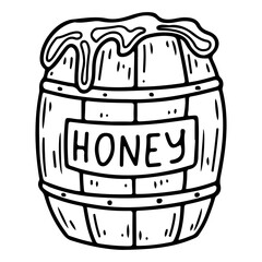 Barrel of Honey Doodle. Sweet mead. Bee apiary. Hand drawn vector sketch illustration.