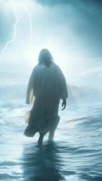 Jesus Christ walking on sea ocean water in storm - 4k 9x16 vertical new stock video footage animation AI