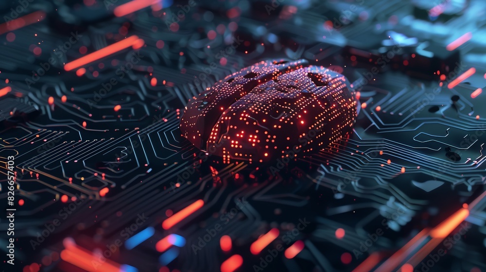 Poster Futuristic brain illustration with glowing lights symbolizing artificial intelligence on a dark circuit board background.