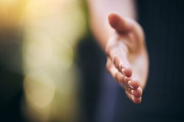 Hand, greeting and handshake for meeting, hello and employee in onboarding, bokeh and HR of...