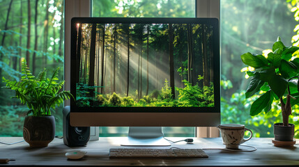 Fototapeta premium Modern home office with nature desktop background