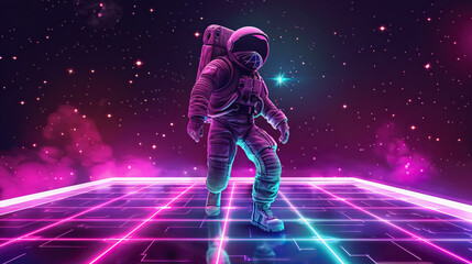 Astronaut wearing space helmet and suit in purple neon galaxy illuminated lighting background 