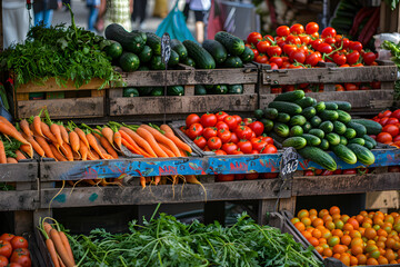 Abundant Farmers' Market Stall with Fresh Vegetables Displayed in Wooden Crates