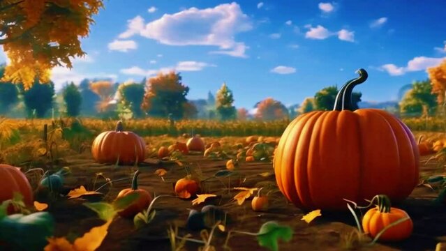 A wide shot of a pumpkin patch with pumpkins of various sizes and colors scattered across a field, with leaves gently falling from trees in the background, 4K Background High-Quality Animation Video