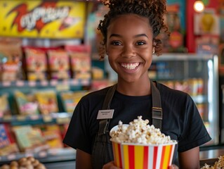 Friendly Cinema Staff, A cheerful cinema worker holding a bucket of popcorn, standing in front of a colorful snack counter