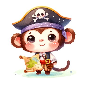 Pirate Monkey Holding Treasure Map. The monkey is dressed as a pirate with a hat, holding a treasure map and looking adventurous.