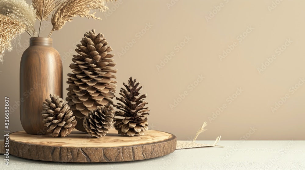 Poster a wooden tray with pine cones on it sits on a table. the pine cones are arranged in a way that they 
