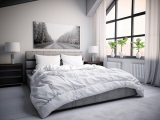 A bedroom with a white bed, a black dresser, and a white wall