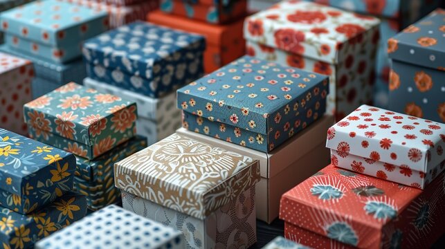 An assortment of paper boxes in various sizes, shapes, and colors. Each box is shown closed, with some featuring printed patterns and others being plain.