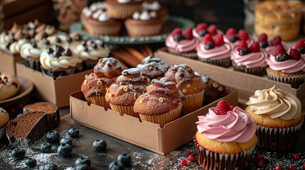 A selection of bakery boxes, including windowed and plain options. The boxes are designed for cakes, cupcakes, and pastries, with decorative touches.