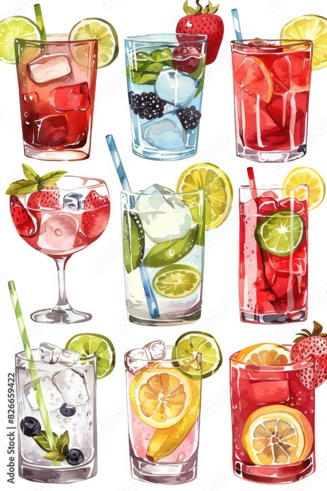 Poster a set of colorful drinks with straws in them