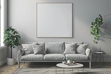 A living room with a white couch and a white framed picture on the wall