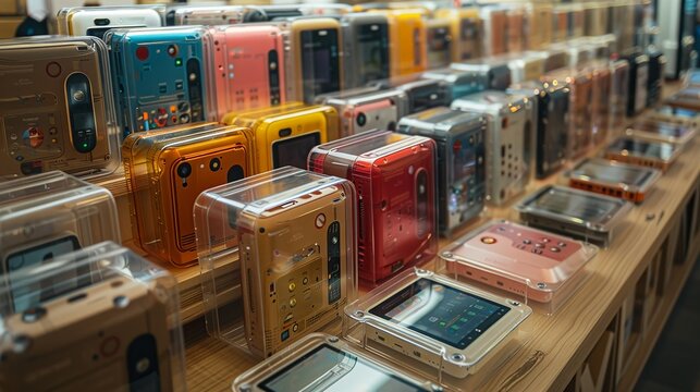 Assorted packaging for electronic gadgets, including clear plastic clamshells and cardboard boxes. Each package is designed to highlight the product inside.