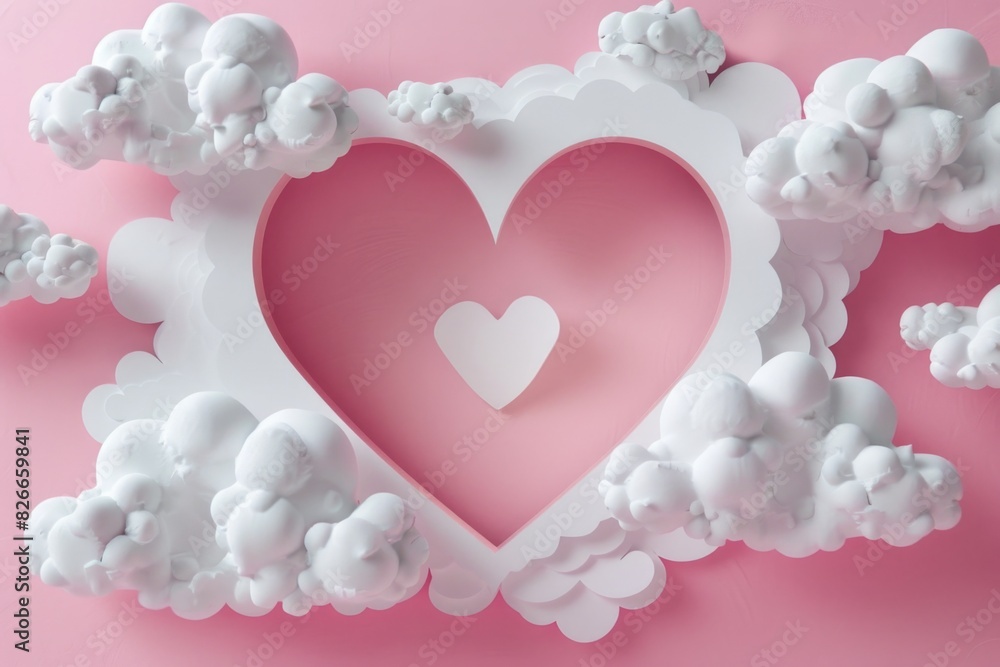 Poster a heart is drawn in a white frame with clouds in the background