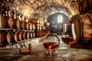 Two glasses pink wine in vintage cellar with row wooden oak barrels. Wine making industry. Underground alcohol storage - Powered by Adobe