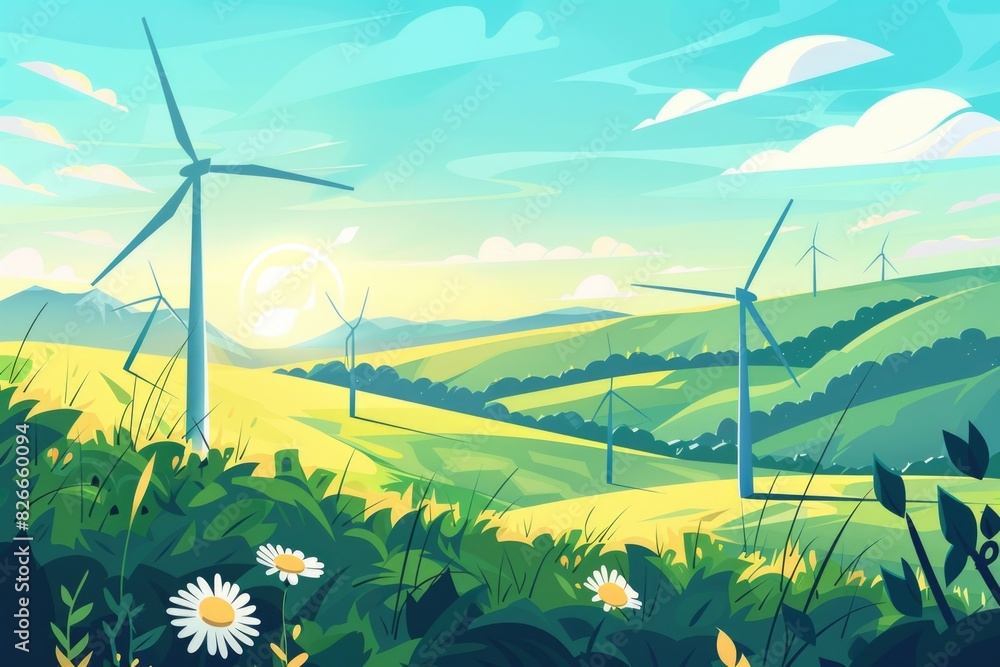 Poster a field with a few wind turbines in the background