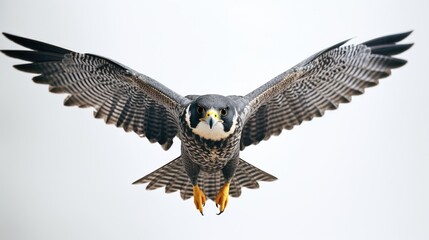 Obraz premium A bird with a black and white head and yellow feet is flying in the air
