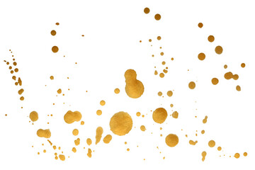 Gold, glitter Ink watercolor drop blot isolated on white background.