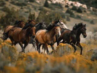A herd of horses running through a field