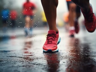 A runner in a red shoe is running in the rain