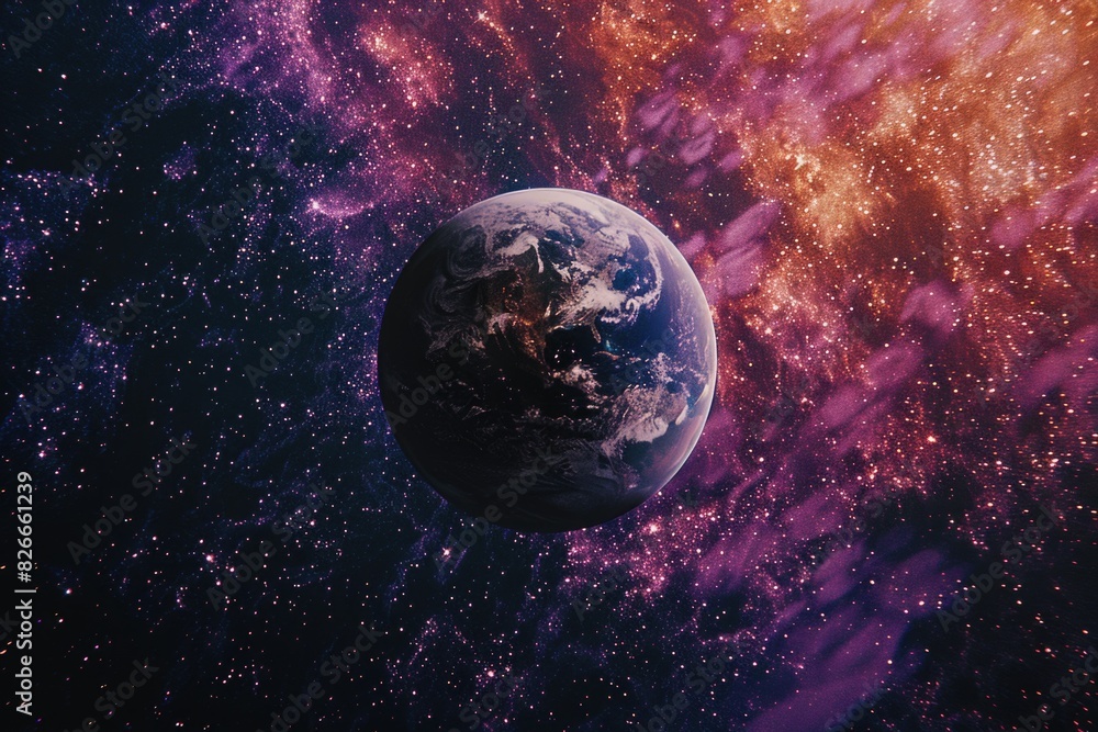 Poster a planet is floating in space with a purple and orange background