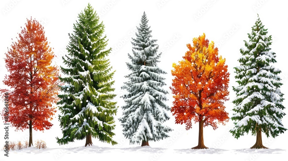 Poster a row of trees with different colored leaves and snow on them