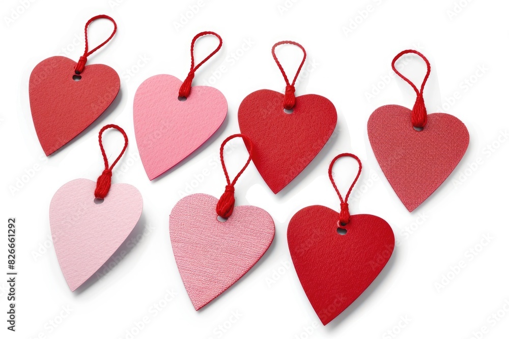 Poster a row of red heart tags with pink strings hanging from a white background