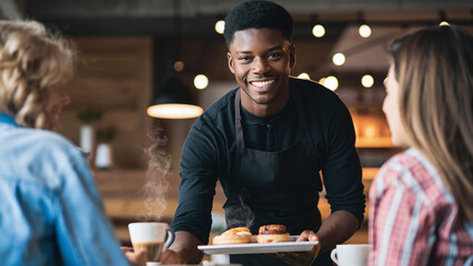 portrait of smiling happy young black man working at a cafe shop restaurant, waiter, employee of the month