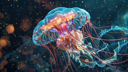 A mesmerizing jellyfish pulsating gently in the currents, its translucent bell adorned with a delicate mosaic of colorful tendrils.
