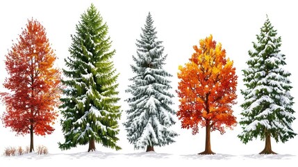 Naklejka premium A row of trees with different colored leaves and snow on them