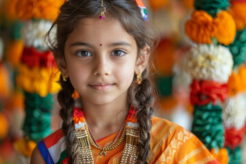 Fototapeta premium Indian girl in festive traditional attire with a bindi and jewelry, celebrating a cultural event. Independence Day of India.
