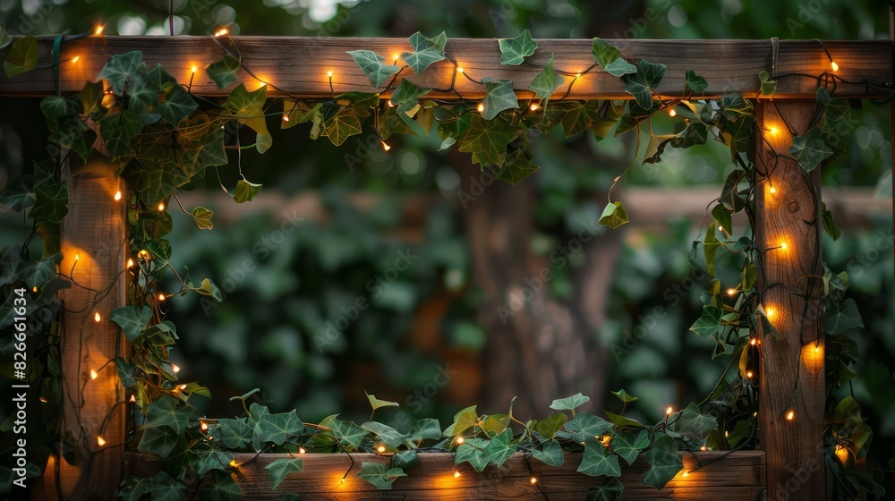 Poster a wooden frame with ivy vines and lights hanging from it