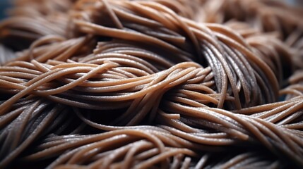 A close up of spaghetti noodles with a brownish color - Powered by Adobe