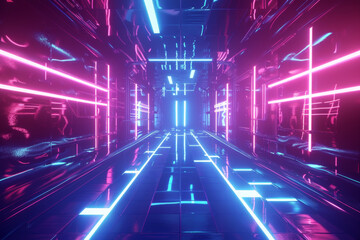 3d render of abstract futuristic background with neon glowing lines, cyberpunk scene. Glowing blue and purple light in dark room. Vector illustration