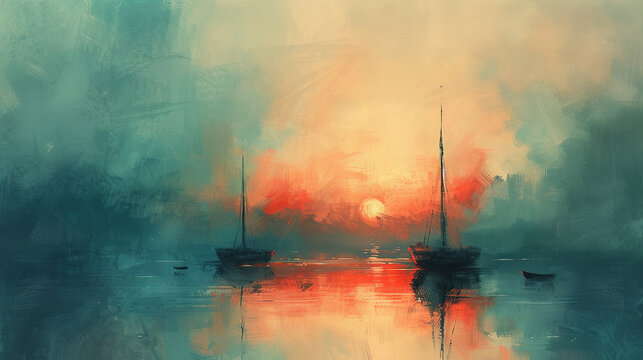 watercolor painting of Sky sunset and boat on the water. Modern impressionism , Watercolor seascape