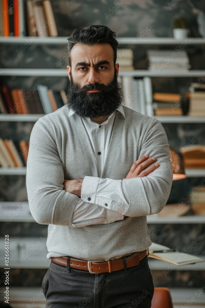 Poster a man with a beard and a gray shirt is standing in front of a bookshelf