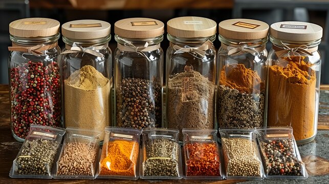 Mockups of packaging for gourmet spices, including glass jars and plastic sachets. Each item is displayed with custom labels and branding.