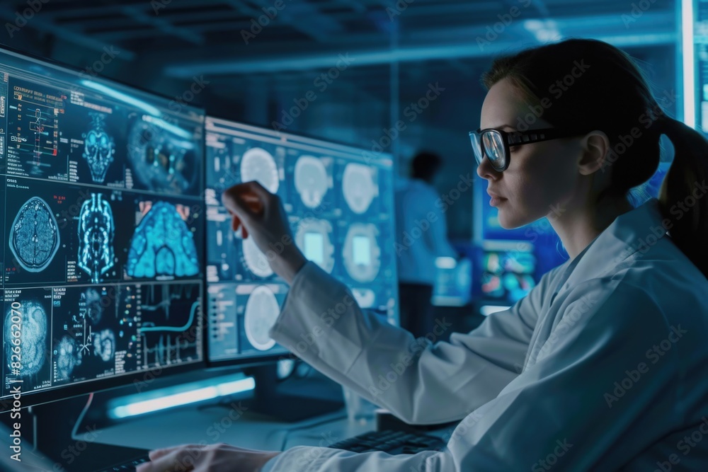 Aufkleber a woman in a lab coat is looking at a computer monitor with a picture of a brain on it. she is point