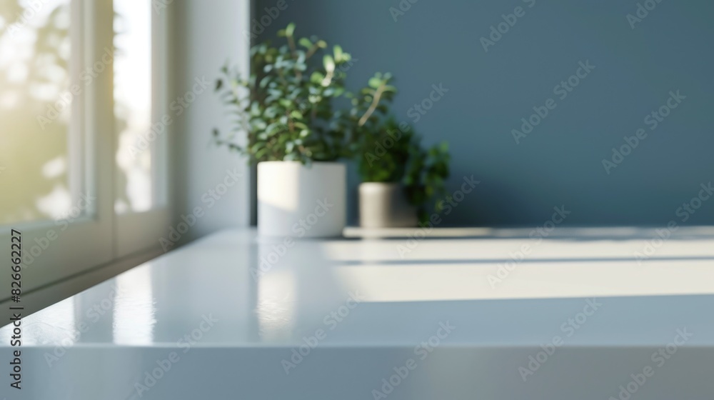 Poster a white table with a window in the background and a potted plant on it. the table is empty and the w