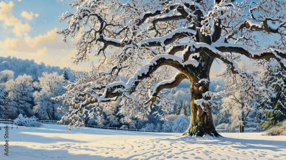 Aufkleber a large tree covered in snow stands in a field. the snow is piled up on the branches and the trunk. 