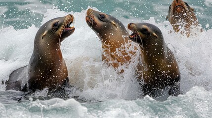 A playful group of sea lions frolicking in the surf, their sleek bodies twisting and turning in the water as they chase each other in a game of tag.