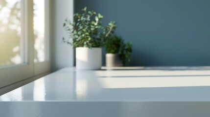 A white table with a window in the background and a potted plant on it. The table is empty and the window is letting in sunlight