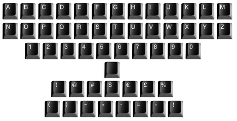 Black Computer Keyboard keys Mega pack of letters, numbers and special characters from the alphabet. Premium pen tool cutout. Transparent background PNG. 