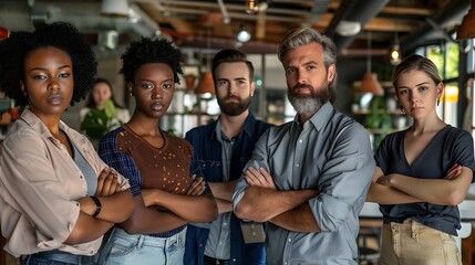 A diverse group of five business professionals posing with crossed arms in a modern office setting.
