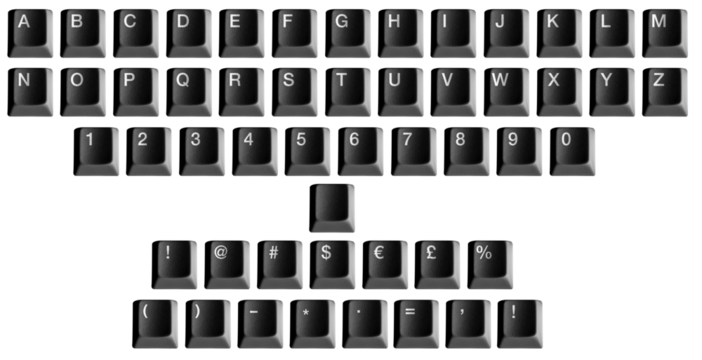 Black Computer Keyboard keys Mega pack of letters, numbers and special characters from the alphabet. Premium pen tool cutout. Transparent background PNG. 