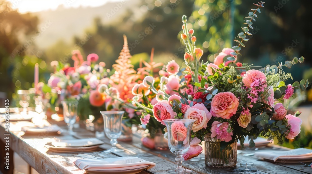 Poster a table is set with a variety of flowers and glasses, creating a warm