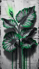 A graffiti-style illustration on a white background with large bright leaves.