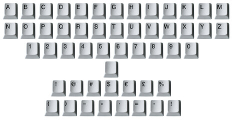 White Computer Keyboard keys Mega pack of letters, numbers and special characters from the alphabet. Premium pen tool cutout. Transparent background PNG. 