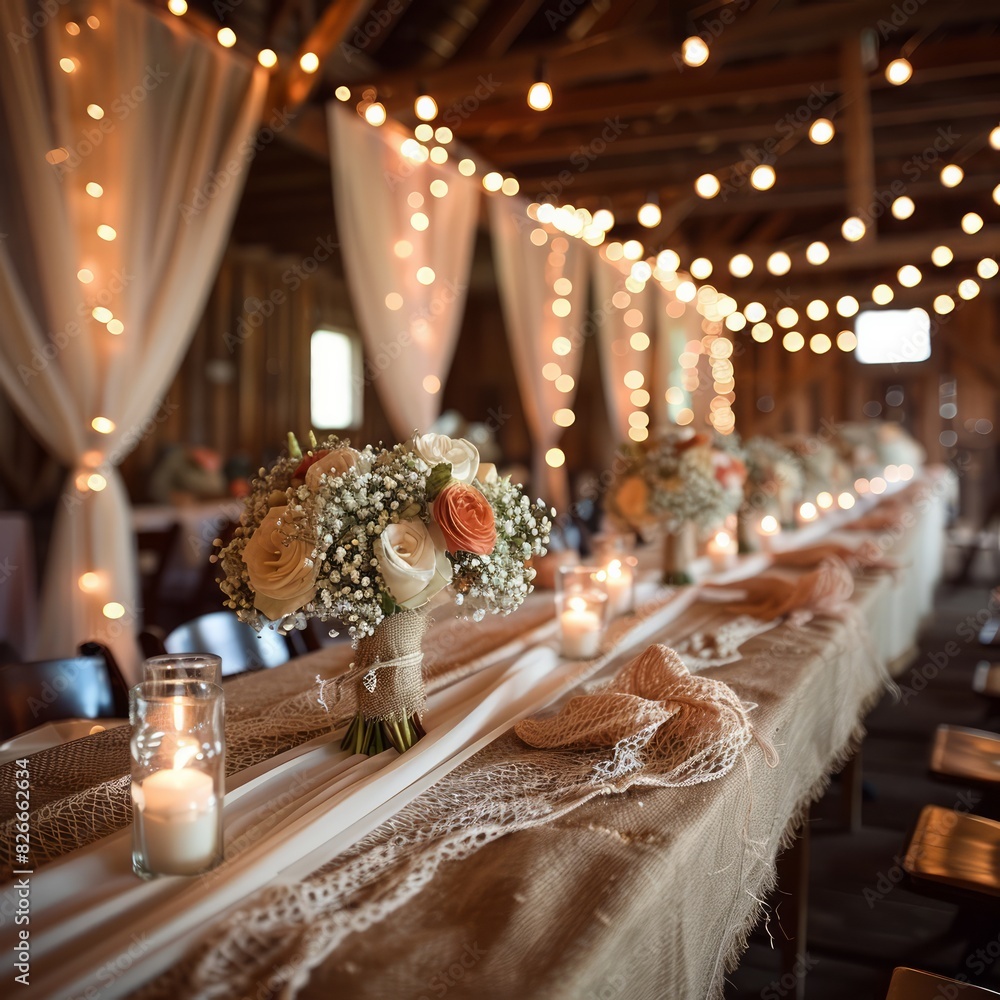 Poster a table with a bunch of flowers and candles on it